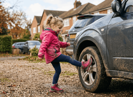 Bimba calcia un'auto Rubiera ph AI