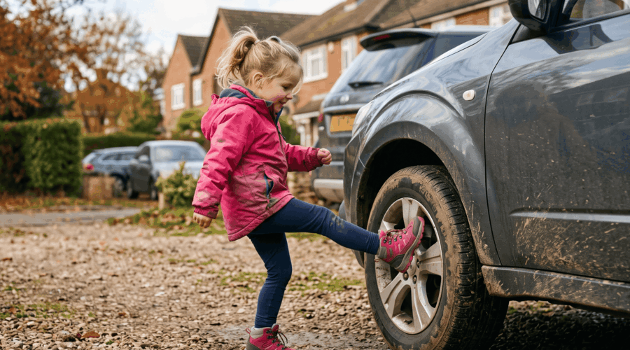Bimba calcia un'auto Rubiera ph AI